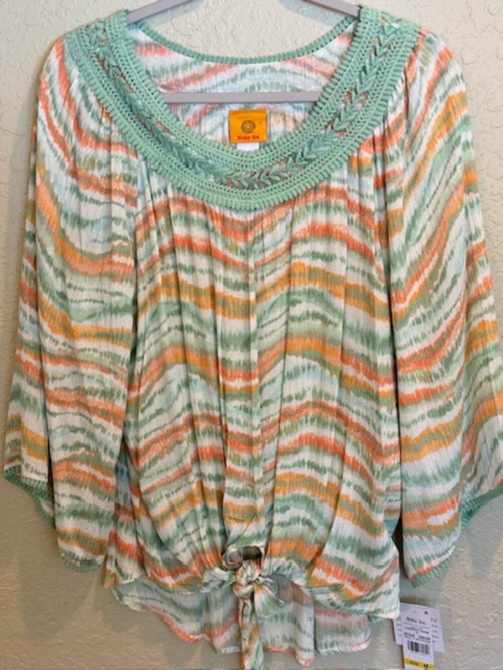 Ruby Road Crochet Trim VNeck Green White Orange Gold ¾ Sleeves Tie Front Hem NEW